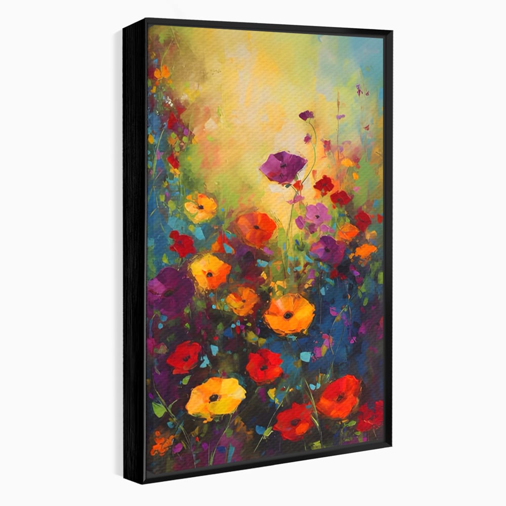 Tablou canvas cu pictura camp cu flori colorate, in rama de aluminiu negru